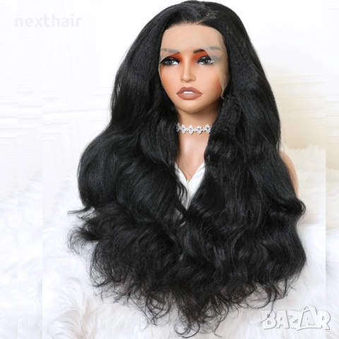 70 см Черна чуплива Yaki перука с дантела 13x4х1, снимка 2 - Аксесоари за коса - 51435754