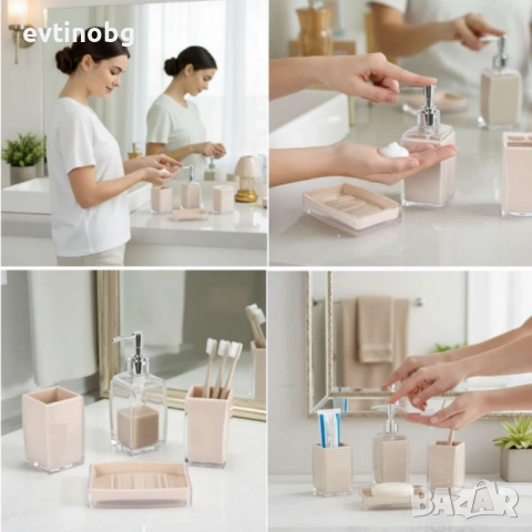 Комплект аксесоари за баня Cheffinger – 4 части, дозатор за сапун, чаша за четки и сапунерка, снимка 4 - Други стоки за дома - 53864443