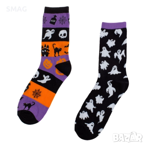 Halloween / Хелоуин чорапи в черно, оранжево и лилаво с призрачни фигури – 2 чифта_1245505