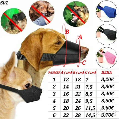 Наморници за малки и големи кучета. Черен, син, розов наморник за куче.