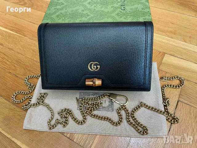 Дамска чанта Мини Gucci Гучи Diana Черна кожа Златно Gold GG лого, снимка 2 - Чанти - 47004017