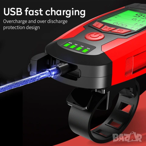 Фар за колело с километраж, фар за велосипед, презареждаем, компютър, сирена, клаксон, батерия, снимка 4 - Аксесоари за велосипеди - 54230411