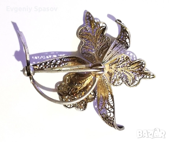 Старинна Сребърна Брошка Красива Дива Орхидея Филигран, снимка 7 - Други - 52437969