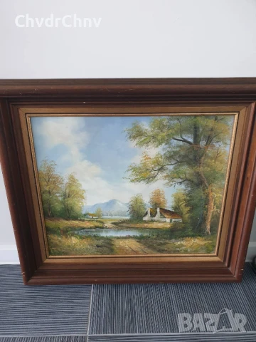 80х70см/голяма картина масло върху платно/селски пейзаж/къщи-дървета-планина/дървена рамка