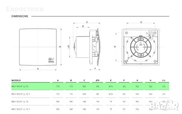 Вентилатор Vortice Punto Evo Flexo MEX 100/4 LL 1S T, 9 W, 220 V, 17,3 x 17,3 x 12,6 см, цвят: бяло, снимка 6 - Вентилатори - 47335841