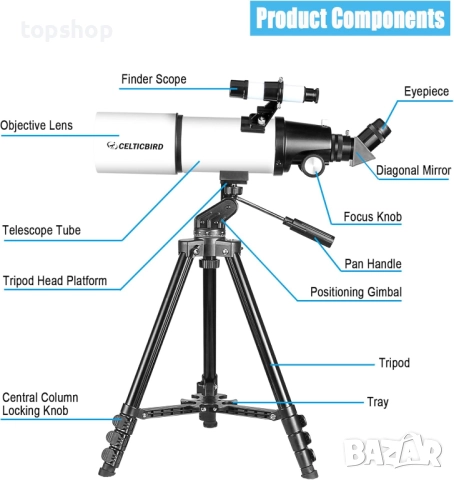 Телескоп с голямо увеличение апертура 80 мм, 600 мм, астрономия, AZ монтировка, раница, лунен филтър, снимка 7 - Екипировка - 51970900