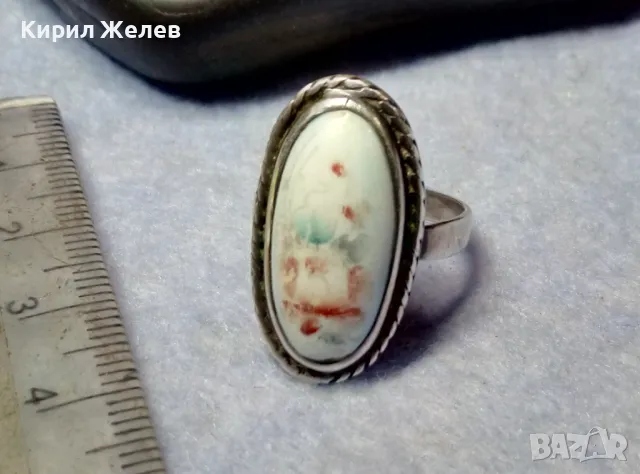 СТАРИНЕН РЕТРО АРТ СРЕБЪРЕН ПРЪСТЕН СРЕБРО ВИСОКА ПРОБА с РЪЧНО РИСУВАН БЯЛ ОПАЛ 30544, снимка 10 - Антикварни и старинни предмети - 49885923