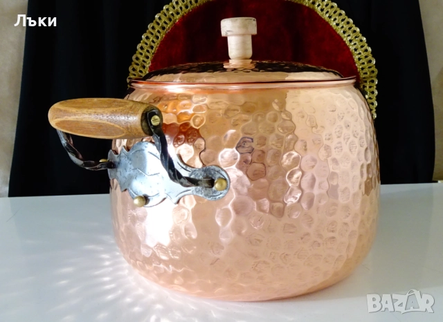 Кована медна тенджера с капак,чиста червeна мед 6 литра, 1.1 кг., снимка 3 - Антикварни и старинни предмети - 52496793