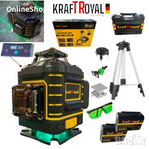 Лазерен нивелир Kraft Royal, самонивелиращ, 4D, дистнационно, жълт, 5V, снимка 9 - Други инструменти - 53624335