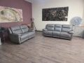 Сив кожен комплект дивани тройка и двойка с ел. релакс механизъм, снимка 6