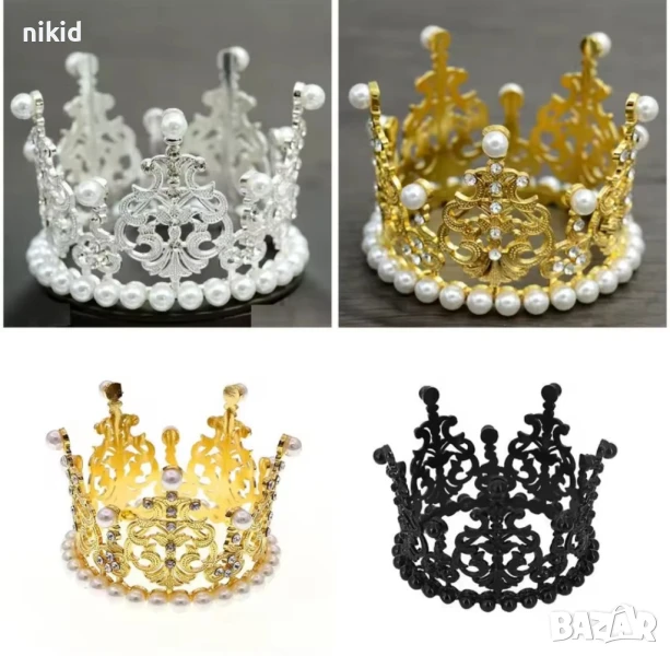 средна сребриста златиста черна корона Тиара с перли и камъчета метална за украса декор торта парти, снимка 1