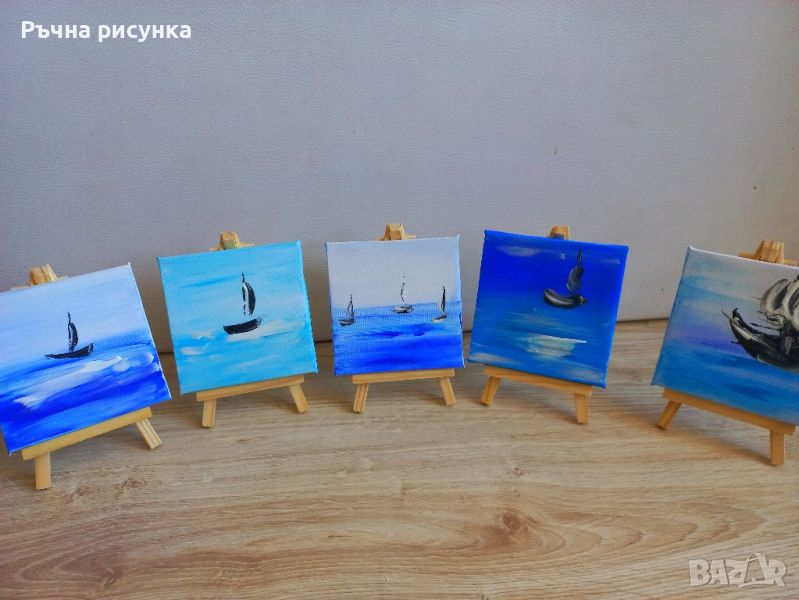 Мини рисувани картини ,морска тема със мини дървен статив, снимка 1