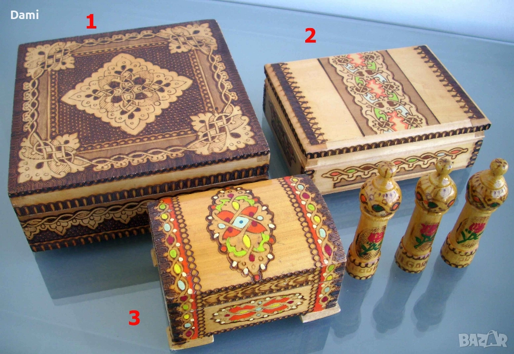 Дървени пирографирани кутии мускали, снимка 1