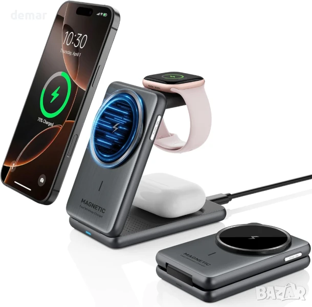 Безжична зарядна станция Mag-Safe, Сгъваемо зарядно 3 в 1 за Apple, снимка 1