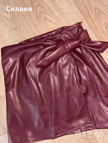 Нова тъмно червена (бордо) кожена пола "Shein"/ "Шейн" с възел, размер "S", снимка 6 - Поли - 53205195