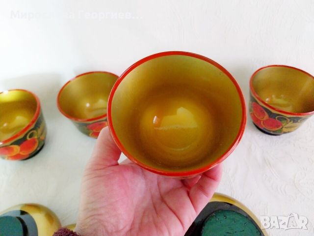 Комплект руски Хохлома чашки с чинийки по 4 броя, снимка 6 - Други ценни предмети - 45231827