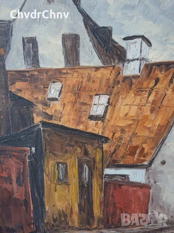 53х45см/малка стара картина масло върху платно/градски пейзаж/малка улица-къщи/дървена рамка, снимка 3 - Картини - 51192912
