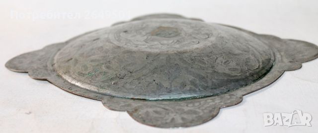Старинна медна калайдисана ръчно кована чиния съдинка, снимка 3 - Колекции - 45513283