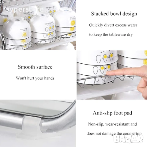 🧼 Сушилник за съдове – 2-етажен с отцедник Digital One SP01118, Поставка за прибори и чаши, Устойчи, снимка 4 - Аксесоари за кухня - 50990095