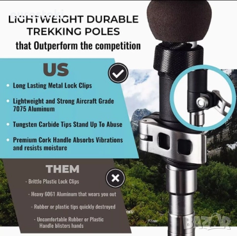 Щеки за трекинг Forest tales от алуминий с коркова дръжка. Леки, сгъваеми туристически щеки за раниц, снимка 4 - Спортна екипировка - 52851870