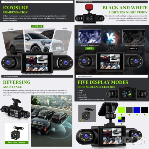 ВИДЕОРЕГИСТРАТОР DVR с 4 камери за кола, за автомобил, бус,  360° Нощно виждане, камера за заден ход, снимка 3 - Аксесоари и консумативи - 54049938