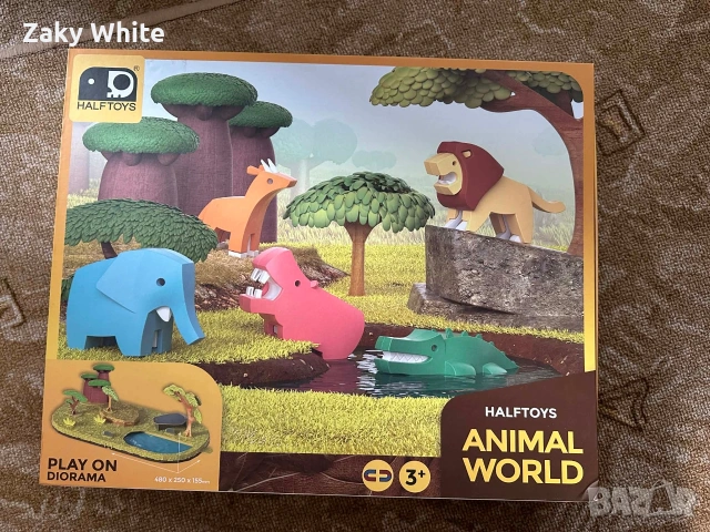 Комплект фигурки HalfToys, 5 магнитни животни: хипопотам, слон, лъв, крокодил, антилопа+диорама