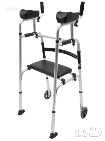 Сгъваема регулируема изправена проходилка с ролатори, с опора за ръце и 2 колела.