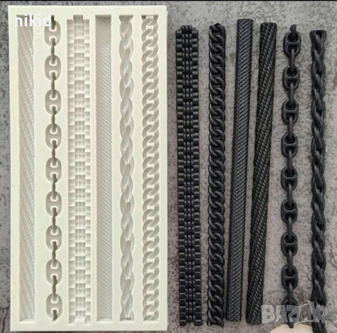 6 вида ланец въже верига верижка каишка борд кант силиконов молд форма фондан шоколад гипс декор, снимка 2 - Форми - 51182462