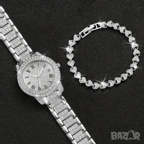 Дамски луксозен часовник с кристали + Гръвна, снимка 2 - Дамски - 46158828