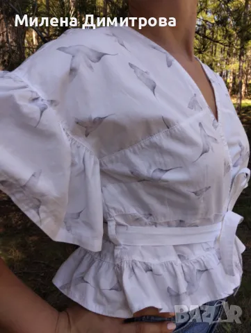 Къса блуза с къдри и принт Колибри , снимка 3 - Корсети, бюстиета, топове - 49975873