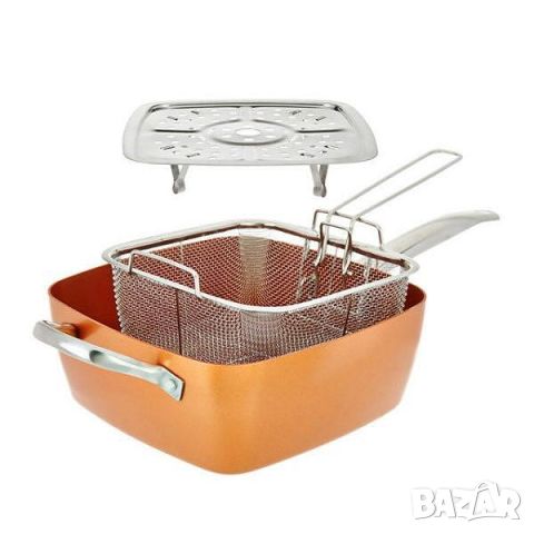 Топ цена! Нов дълбок тиган Copper Pan комплект от 4 части, Незалепващо покритие, 5 начина на готвене, снимка 11 - Съдове за готвене - 46104920