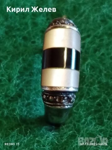 Винтидж сребърен пръстен с инкростация на ОНИКС и СЕДЕФ с марказити отстрани 52823, снимка 5 - Пръстени - 52934015