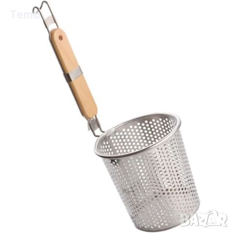 Гевгир за паста тип мрежест кош от неръждаема стомана с дървена дръжка 14см, снимка 1 - Аксесоари за кухня - 46420096