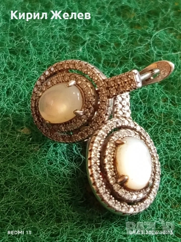 Винтидж сребърни обеци с кристали и маисторска инкростация на СЕДЕФ елегантни 51087, снимка 2 - Обеци - 53763160