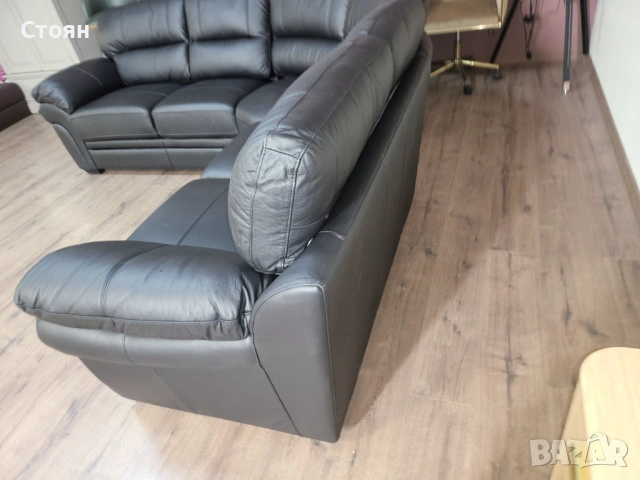 Черен кожен ъглов диван, снимка 5 - Дивани и мека мебел - 53716392