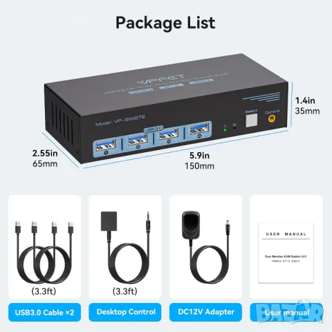 AILVLVNG HDMI Displayport KVM суич 2 монитора 2 компютъра 4K/60Hz, снимка 3 - Кабели и адаптери - 49457610