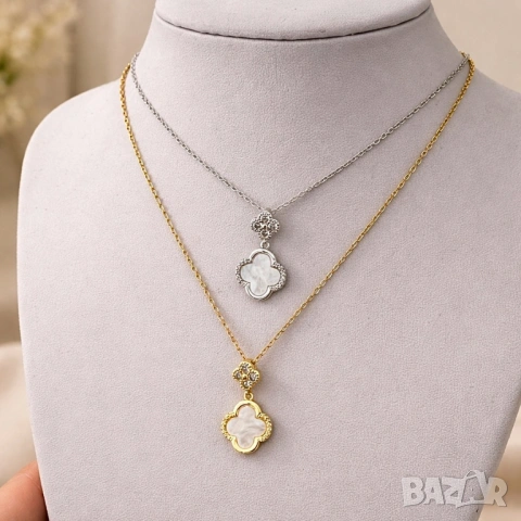 Колие със седефена детелина от медицинска стомана - златно и сребърно