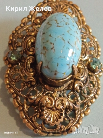 Винтидж брошка с филигран в златист цвят и овален камък ТЮРКОАЗЕН АКВАМАРИН 52242, снимка 6 - Други - 52569625
