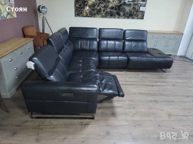 Дизайнерски черен кожен ъглов диван с електрически релакс механизъм, снимка 8 - Дивани и мека мебел - 46474871