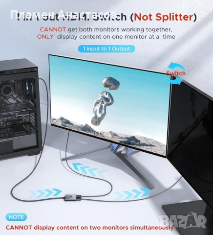 WARRKY HDMI Switch 2-в-1 – двупосочен HDMI превключвател 4K@60Hz с вграден 1 м кабел, снимка 5 - Приемници и антени - 53302154