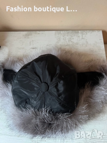 Дамска черна пухена шапка с ушанки и сив косъм ❤️, снимка 3 - Шапки - 52859601