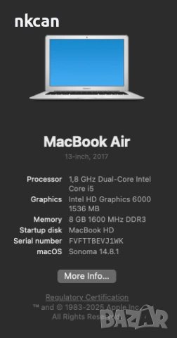 MacBook  Аir 13” (Mid 2017) – i5, 8GB RAM,128GB 256 gb SD карта