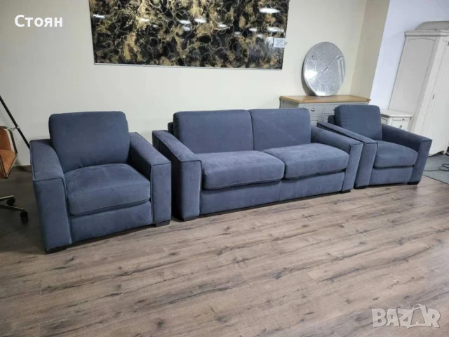 Сив комплект от плат набук диван тройка с функция сън и два фотьойла, снимка 10 - Дивани и мека мебел - 50886856