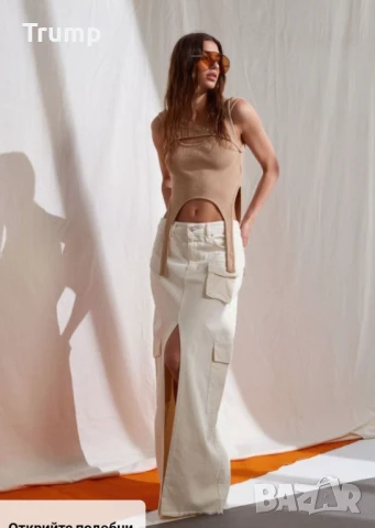 Красива дънкова дълга пола с карго джоб, цвят мръсно бял, снимка 2 - Поли - 50617292