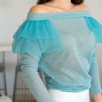 Блуза с голи рамене в цвят тюркоаз , снимка 2 - Блузи с дълъг ръкав и пуловери - 44911765