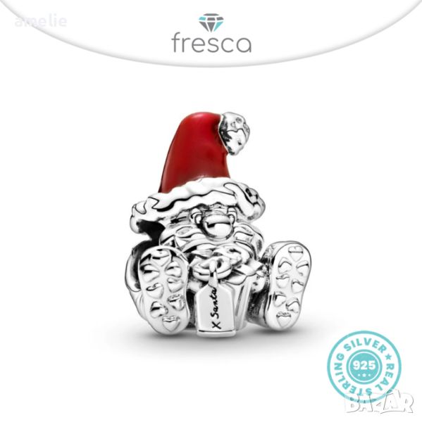 Талисман Коледни Fresca по модел тип Пандора сребро проба 925 Pandora Sitting Santa Дядо Коледа, снимка 1