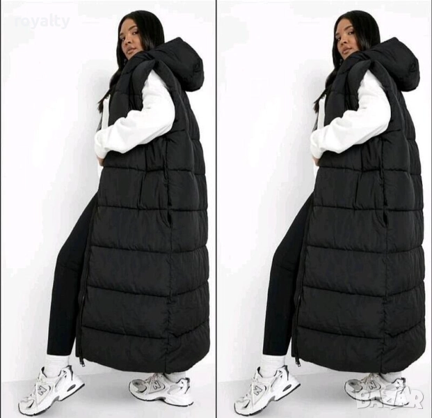 Дълъг черен дамски ватиран елек, снимка 1