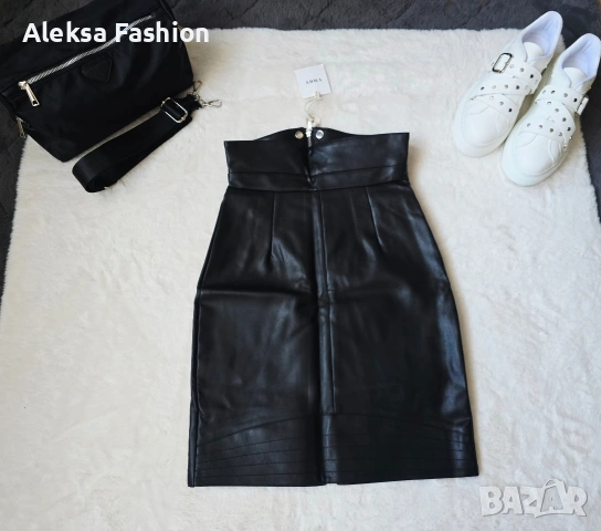 Кожена пола с висока талия , снимка 2 - Поли - 47560199