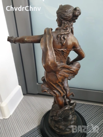 47см-4кг Moreau ЦАМ статуетка/стара френска скулптура/фигура на жена с ангел-херувим, снимка 2 - Статуетки - 54166401