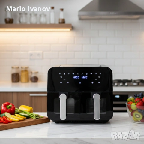 Двоен фритюрник с горещ въздух Cheffinger 9 л  с дигитален дисплей, стъклен прозорец и 360° циркулац, снимка 5 - Фритюрници - 53219678